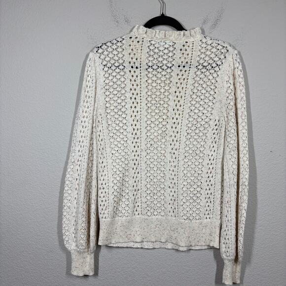 Sundance XS Open Knit Chunky Ruffled Neck Sweater Ivory Speckle 100% Cotton - Picture 2 of 7